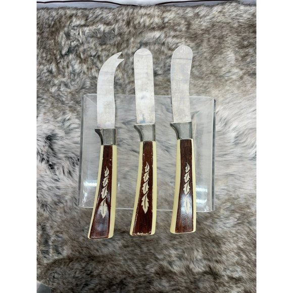 Vintage Regent Sheffield 3 Pieces Woodgrain Brown Tan Leaf Design Stainless Stee - Picture 12 of 12